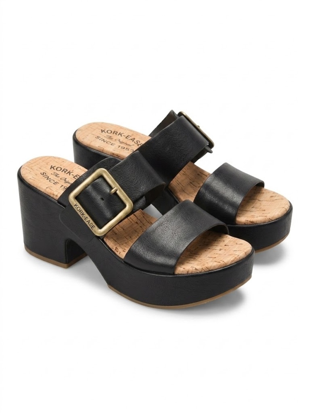 Kork-Ease Taige Black Leather Large Gold Buckle Platform Chunky Sandal Size 8